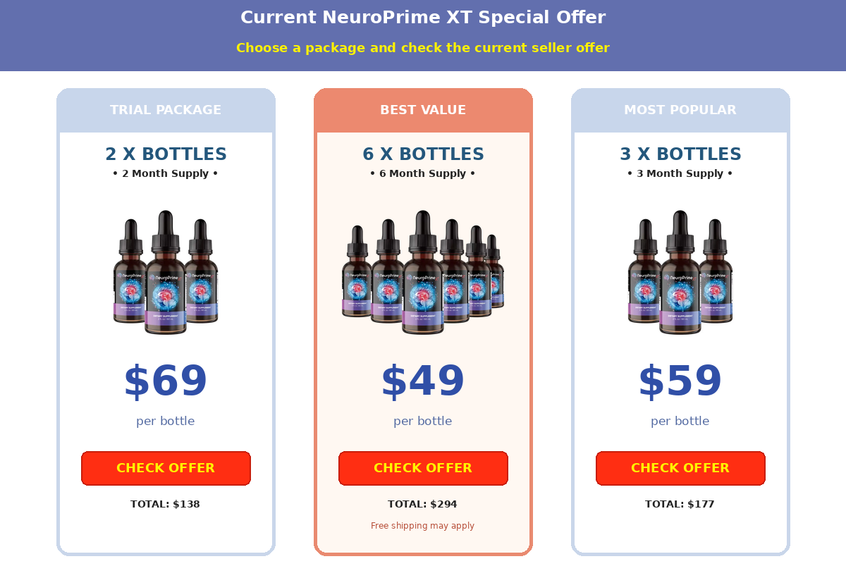 NeuroPrime XT package pricing: 2 bottles at $69 per bottle, 3 bottles at $59 per bottle, and 6 bottles at $49 per bottle